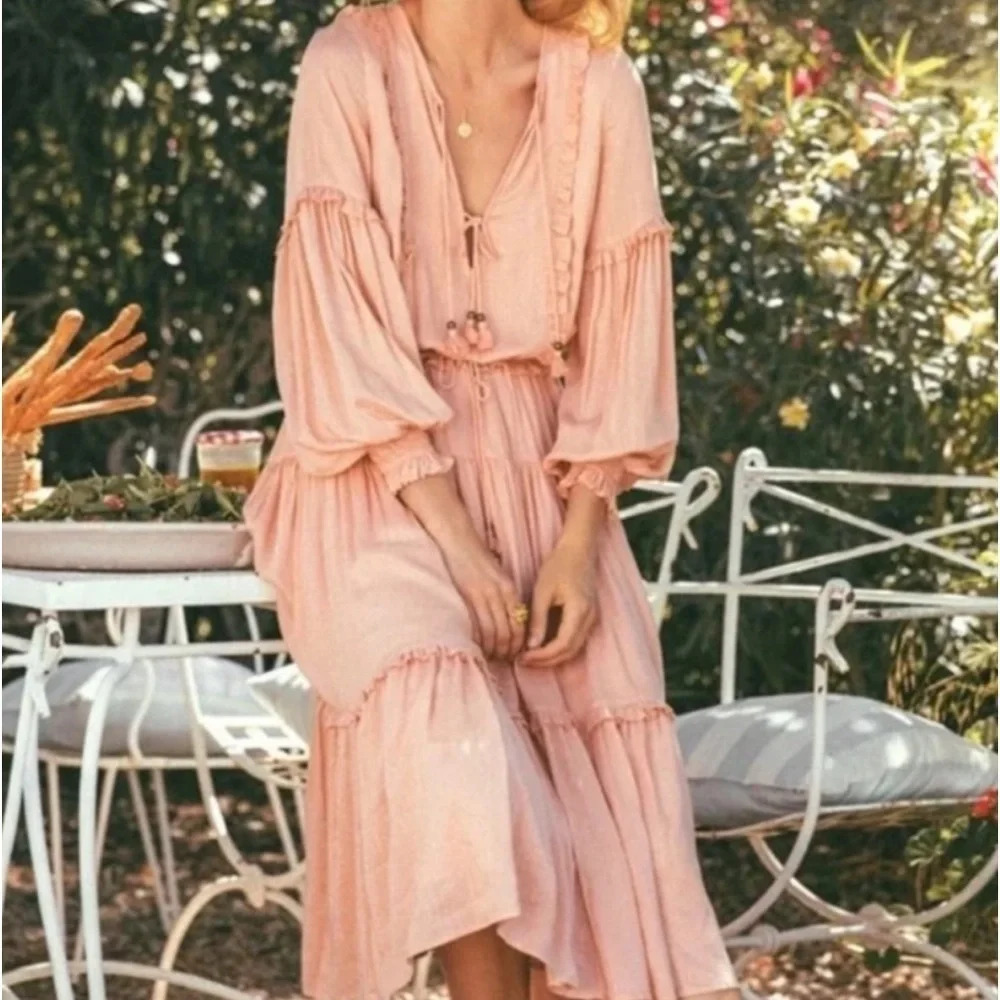 Spell & the Gypsy Clementine Soirée Midi Dress Pink Tie Ruffle V Neck